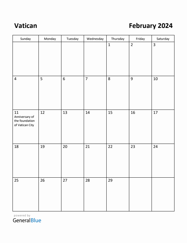 February 2024 Calendar with Vatican Holidays