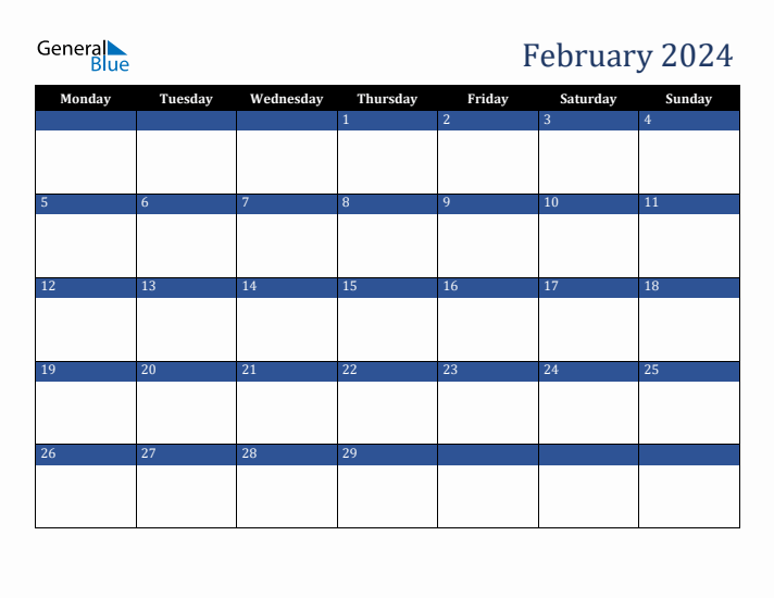 Monday Start Calendar for February 2024