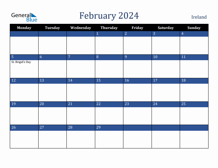 February 2024 Ireland Calendar (Monday Start)