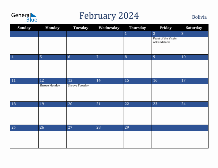 February 2024 Bolivia Calendar (Sunday Start)