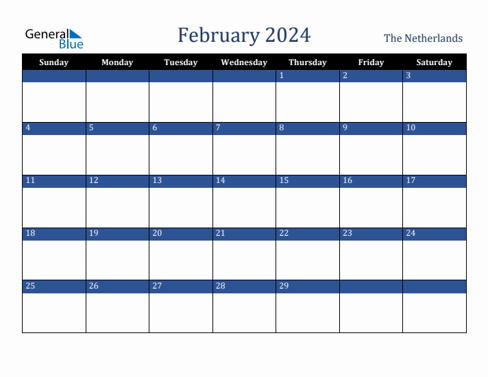 February 2024 The Netherlands Calendar (Sunday Start)