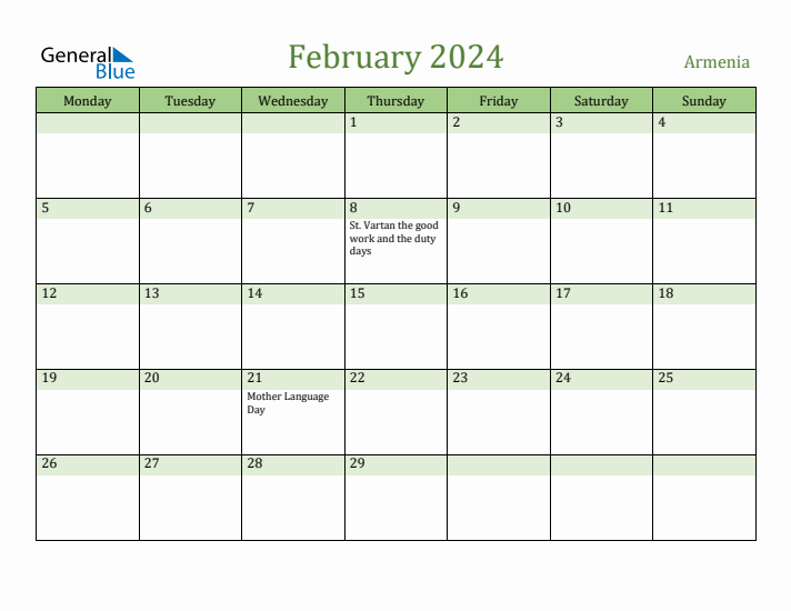 February 2024 Calendar with Armenia Holidays