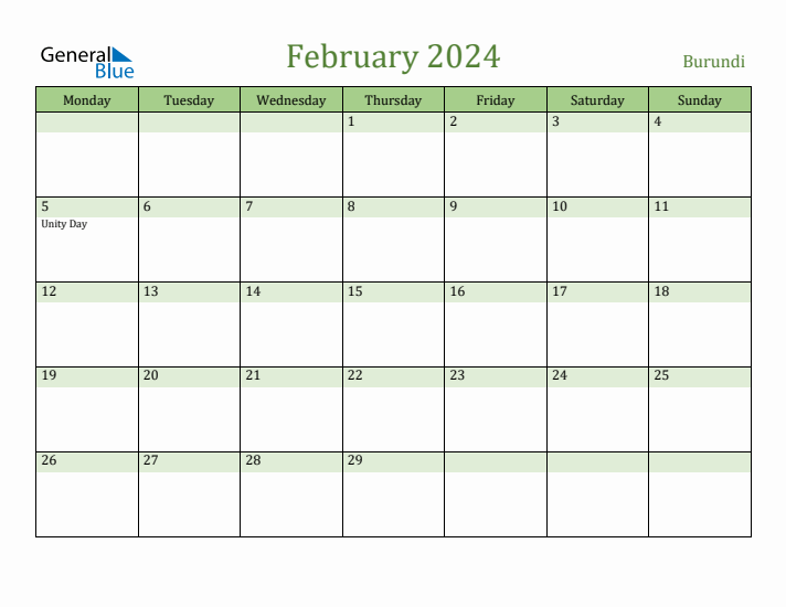 February 2024 Calendar with Burundi Holidays