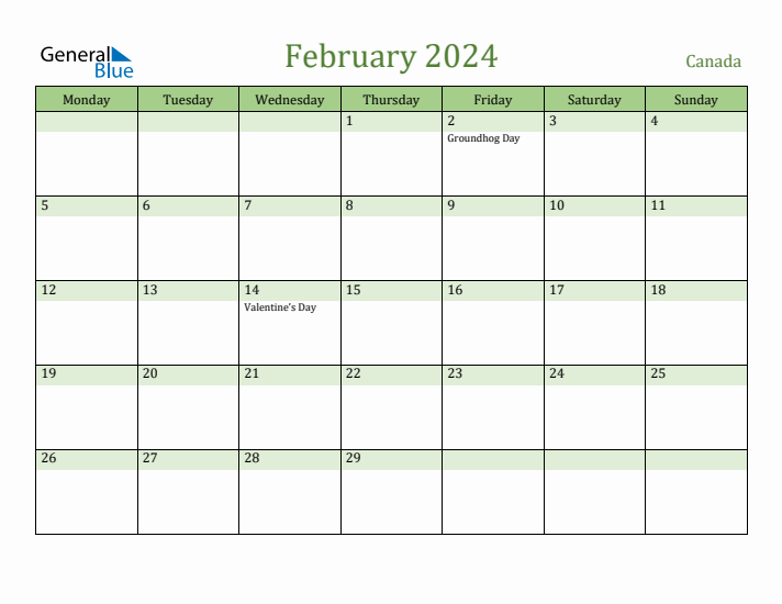 February 2024 Calendar with Canada Holidays