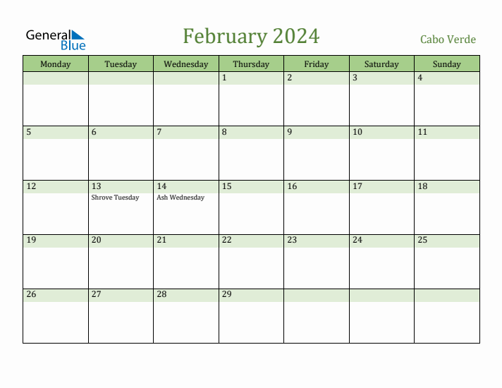 February 2024 Calendar with Cabo Verde Holidays