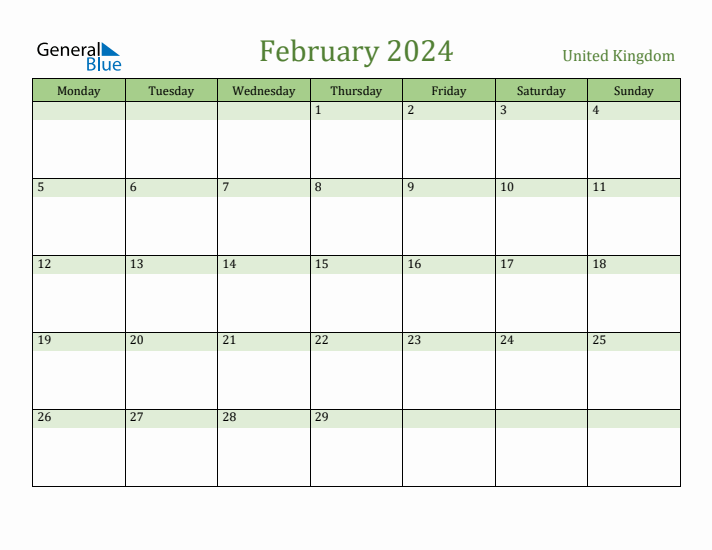 February 2024 Calendar with United Kingdom Holidays