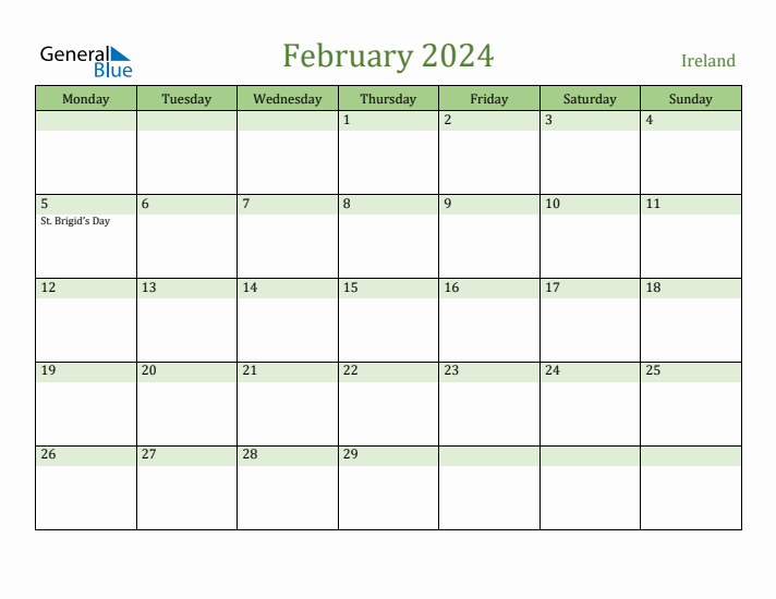 February 2024 Calendar with Ireland Holidays