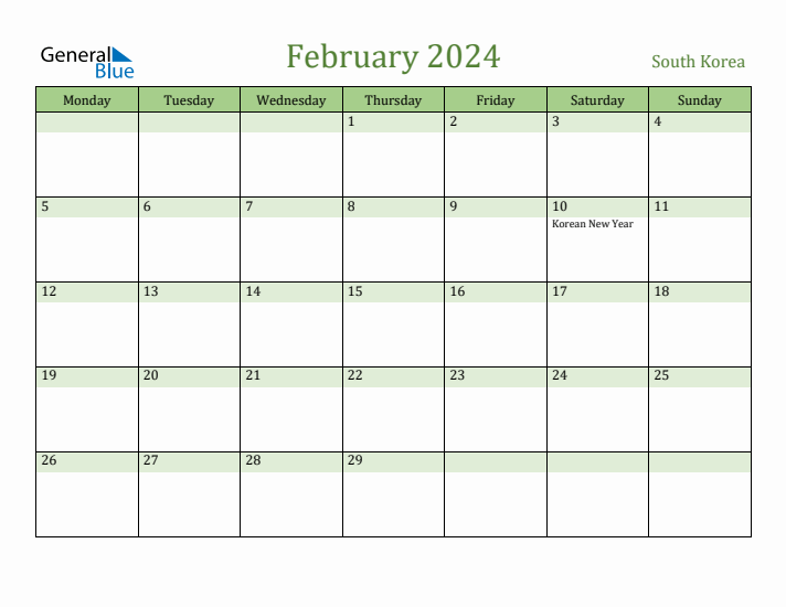 February 2024 Calendar with South Korea Holidays