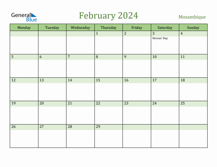 February 2024 Calendar with Mozambique Holidays