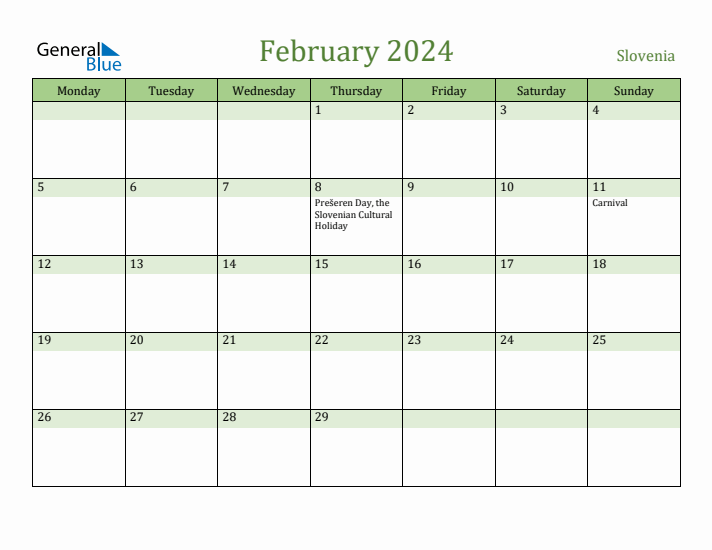 February 2024 Calendar with Slovenia Holidays