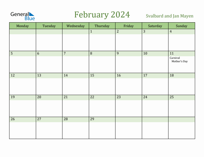 February 2024 Calendar with Svalbard and Jan Mayen Holidays