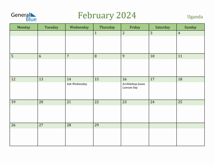 February 2024 Calendar with Uganda Holidays