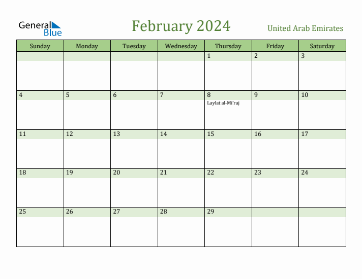 February 2024 Calendar with United Arab Emirates Holidays