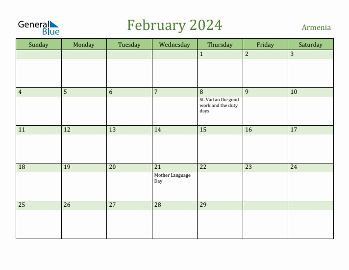 February 2024 Calendar with Armenia Holidays