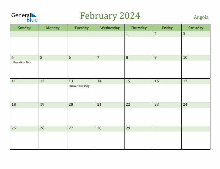 February 2024 Calendar with Angola Holidays