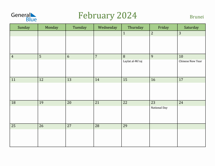 February 2024 Calendar with Brunei Holidays