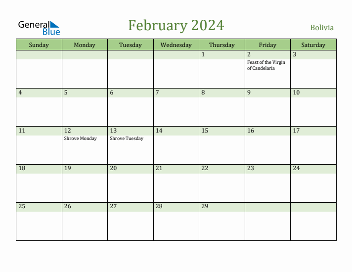 February 2024 Calendar with Bolivia Holidays