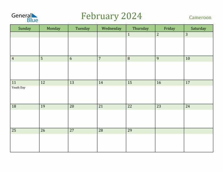 February 2024 Calendar with Cameroon Holidays