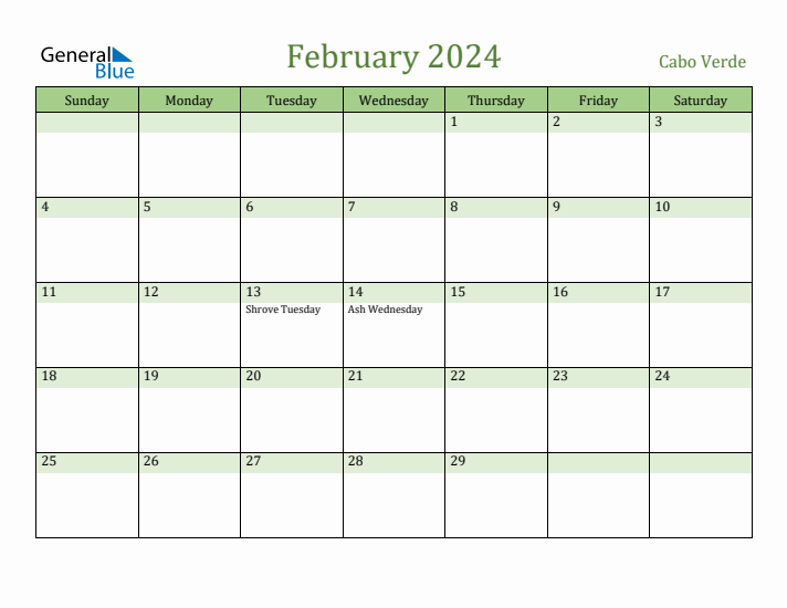 February 2024 Calendar with Cabo Verde Holidays