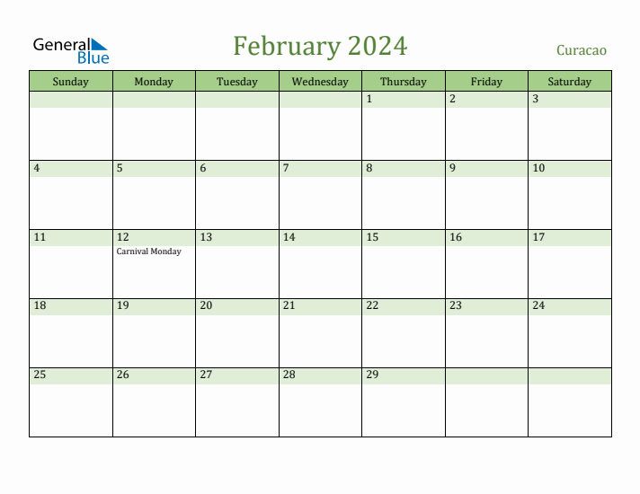 February 2024 Calendar with Curacao Holidays