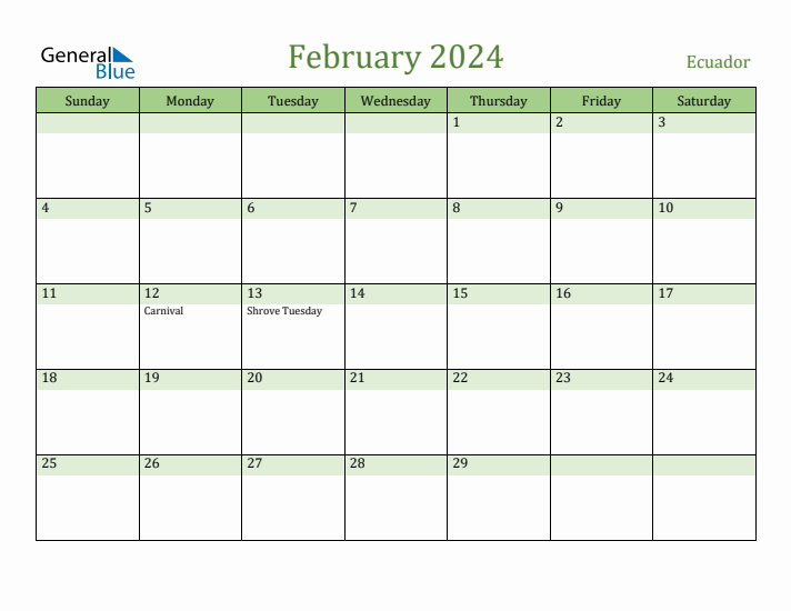 February 2024 Calendar with Ecuador Holidays