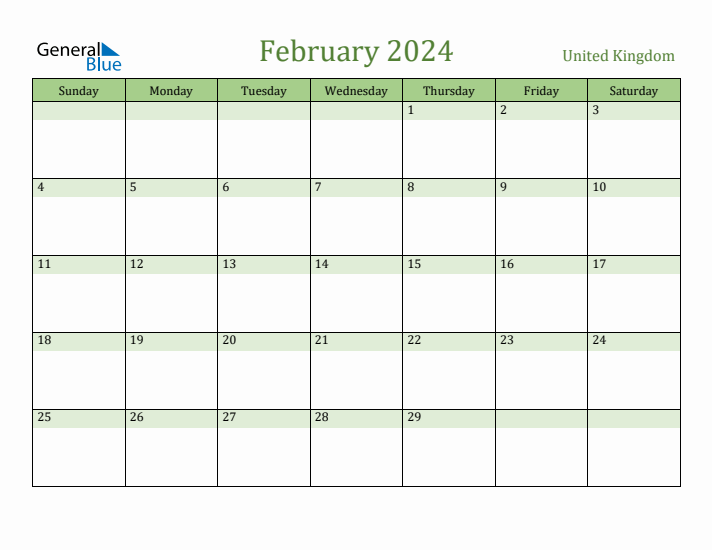 February 2024 Calendar with United Kingdom Holidays