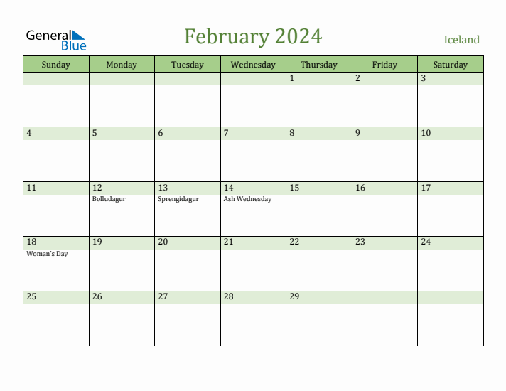 February 2024 Calendar with Iceland Holidays