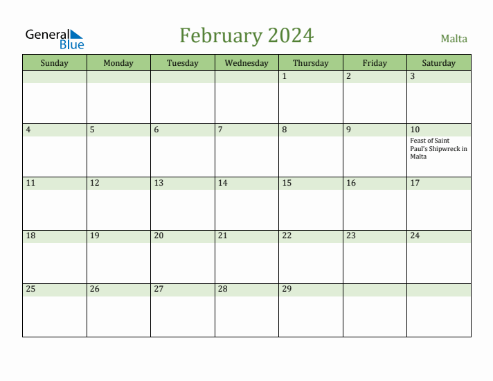 February 2024 Calendar with Malta Holidays