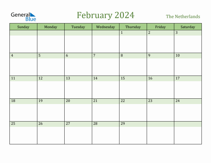 February 2024 Calendar with The Netherlands Holidays