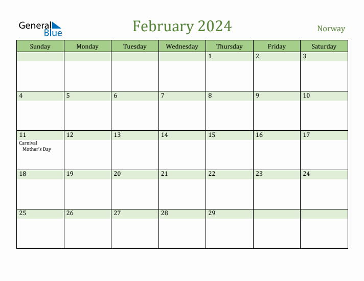 February 2024 Calendar with Norway Holidays