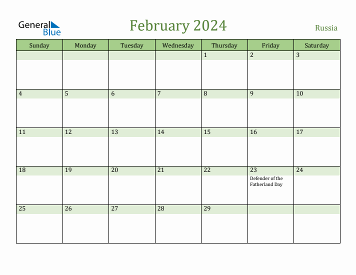 February 2024 Calendar with Russia Holidays