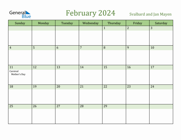 February 2024 Calendar with Svalbard and Jan Mayen Holidays