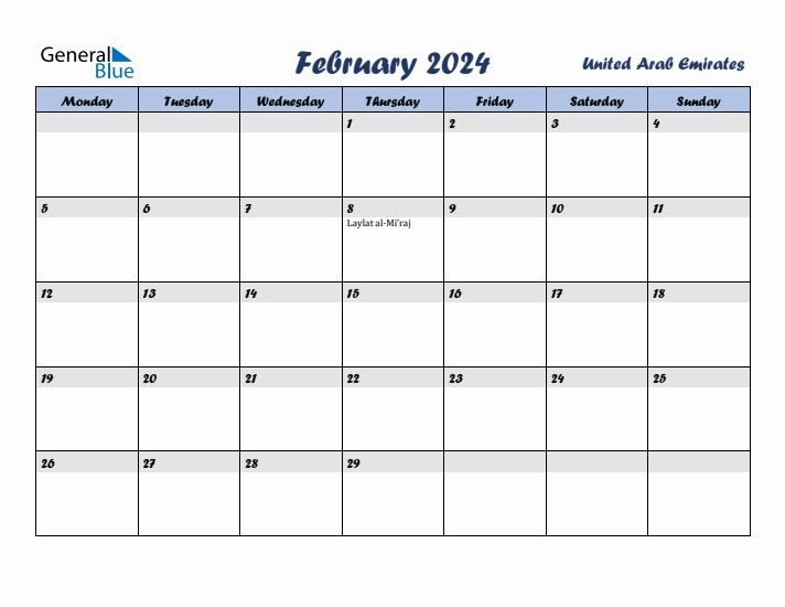 February 2024 Calendar with Holidays in United Arab Emirates