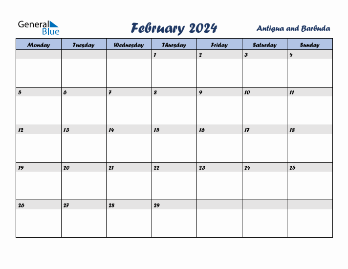 February 2024 Calendar with Holidays in Antigua and Barbuda