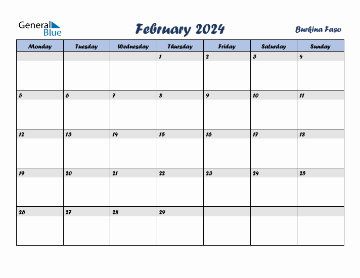 February 2024 Calendar with Holidays in Burkina Faso