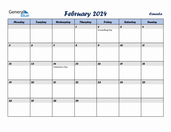 February 2024 Calendar with Holidays in Canada