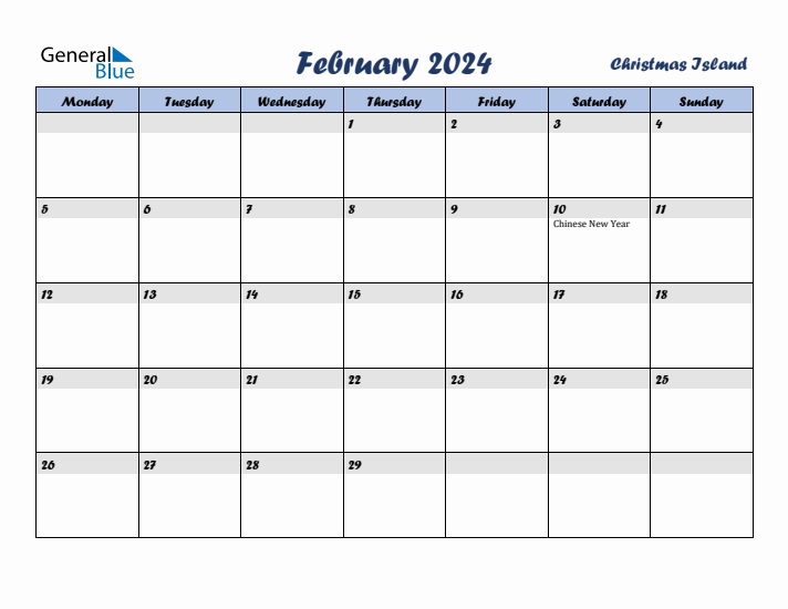 February 2024 Calendar with Holidays in Christmas Island