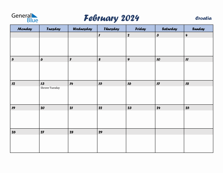 February 2024 Calendar with Holidays in Croatia