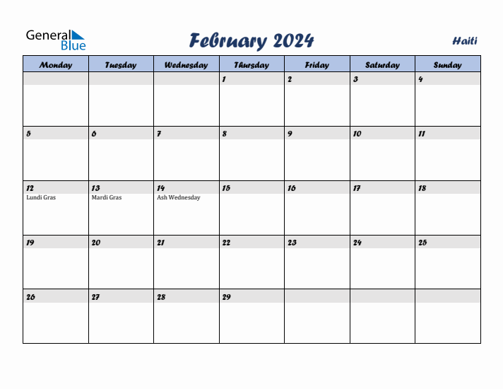 February 2024 Calendar with Holidays in Haiti