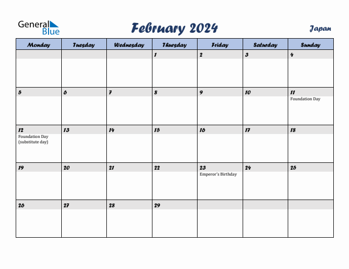 February 2024 Calendar with Holidays in Japan