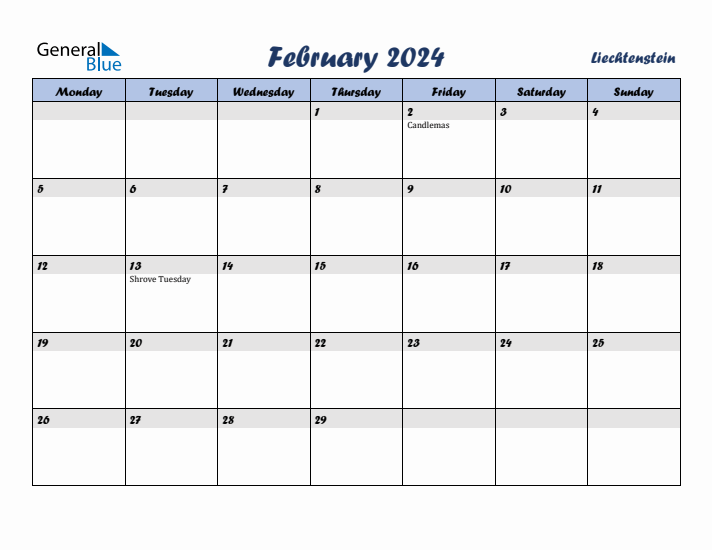 February 2024 Calendar with Holidays in Liechtenstein