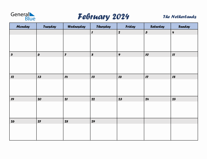 February 2024 Calendar with Holidays in The Netherlands