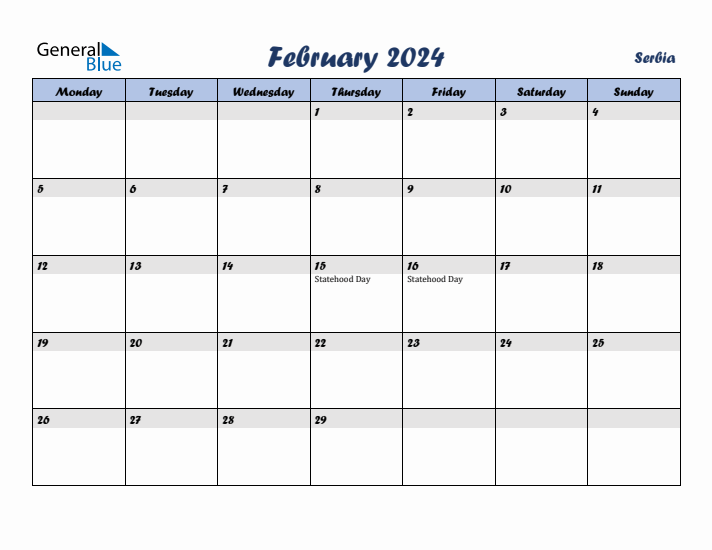 February 2024 Calendar with Holidays in Serbia