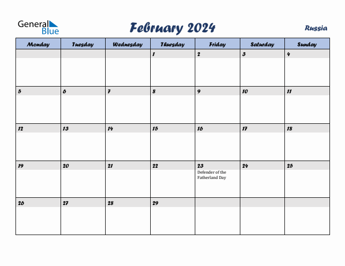 February 2024 Calendar with Holidays in Russia