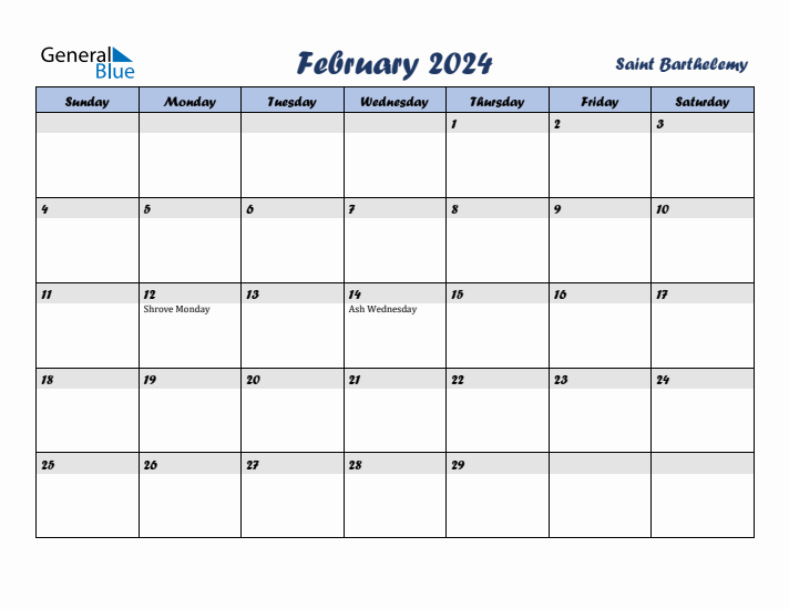 February 2024 Calendar with Holidays in Saint Barthelemy