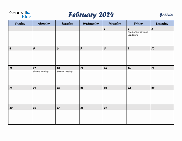 February 2024 Calendar with Holidays in Bolivia