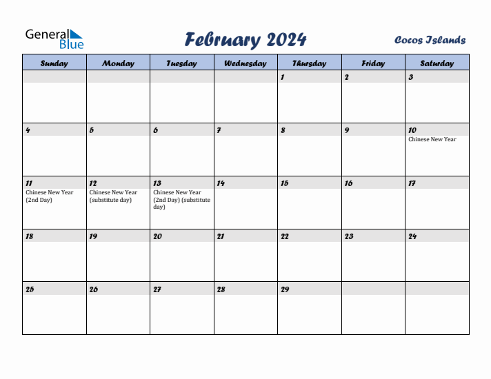 February 2024 Calendar with Holidays in Cocos Islands