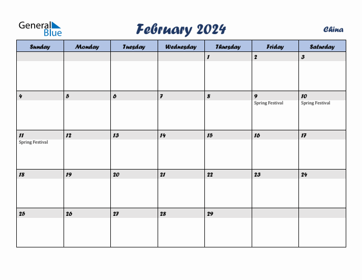 February 2024 Calendar with Holidays in China