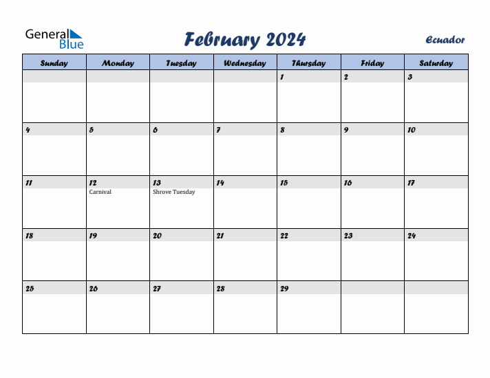 February 2024 Calendar with Holidays in Ecuador