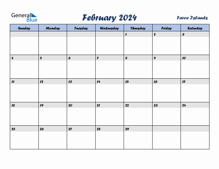 February 2024 Calendar with Holidays in Faroe Islands